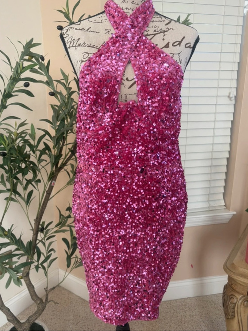 Fashion Nova Magenta Sequin Halter Mini Dress